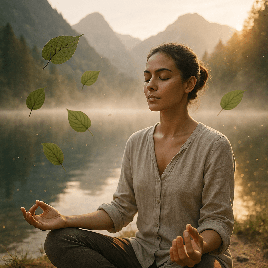 Enhanced meditation scene with ethereal kava essence particles