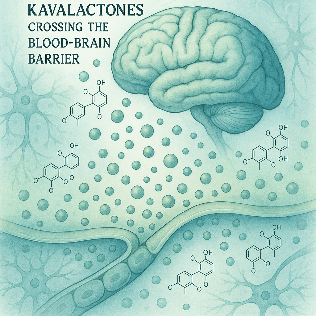 Scientific illustration of kavalactones crossing the blood-brain barrier