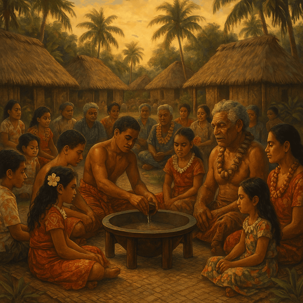 Traditional Pacific Islander village gathering around kava bowl