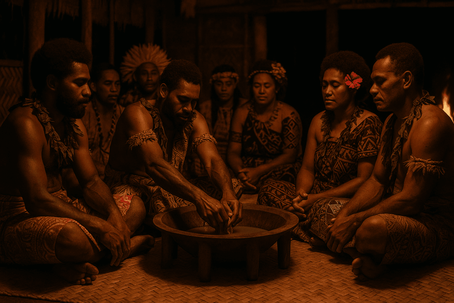 Traditional kava ceremony in progress with circle of people