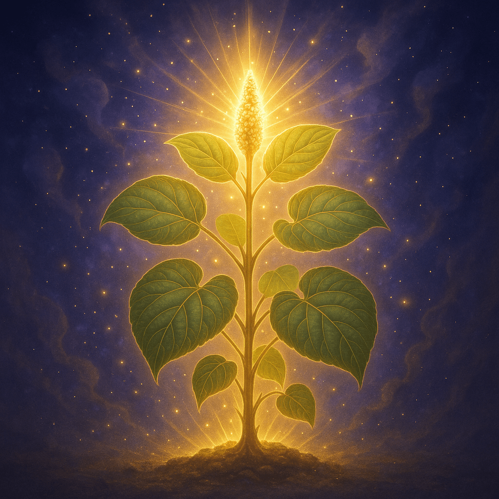 Sacred kava plant glowing with divine golden and purple light