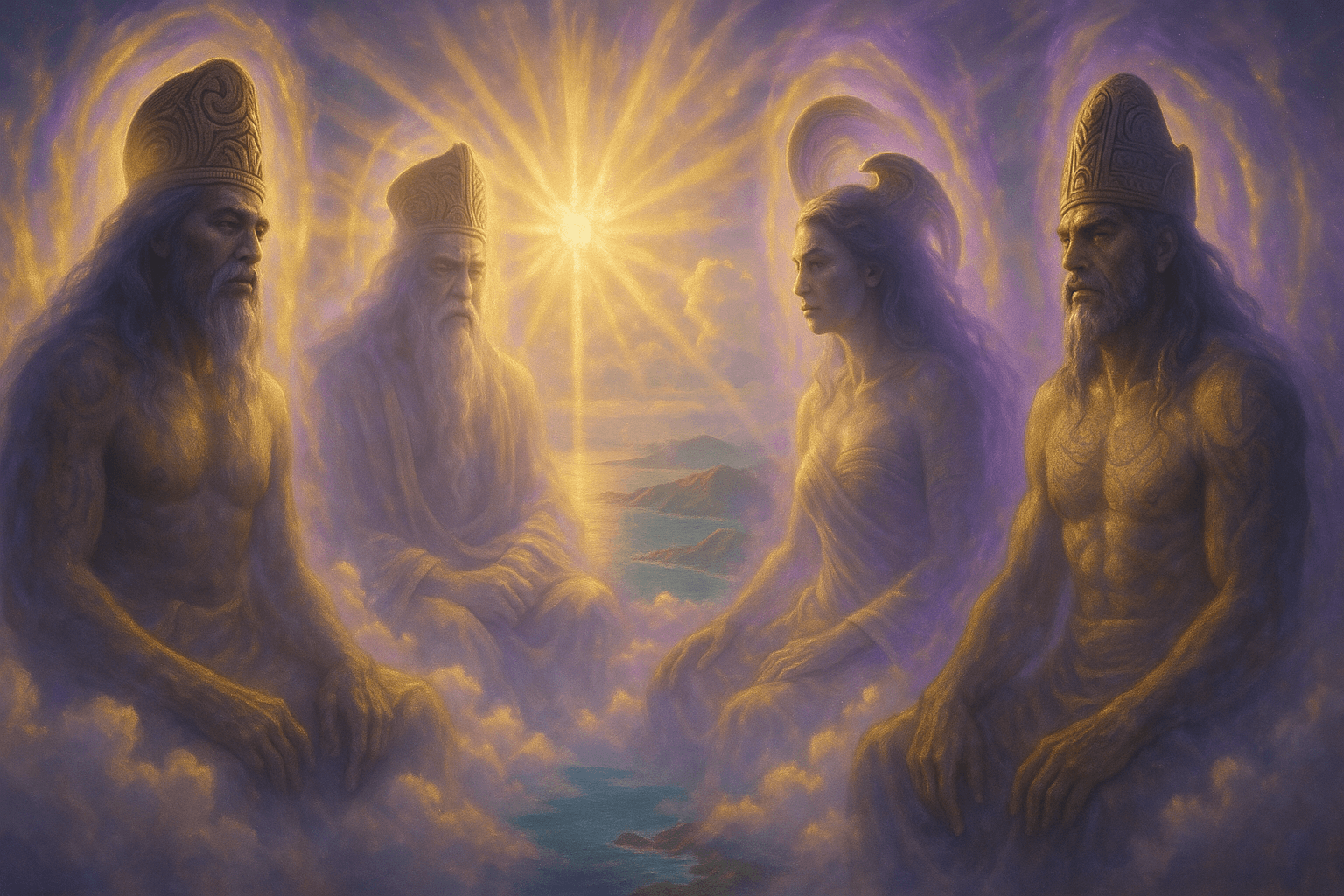 Majestic scene of ancient Polynesian gods in divine council