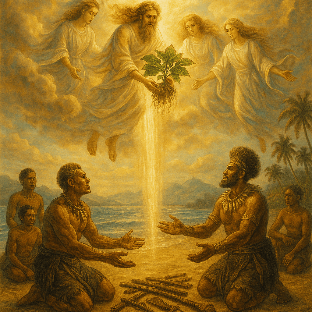 Fiji islands with mystical clouds and divine light representing the gods' gift