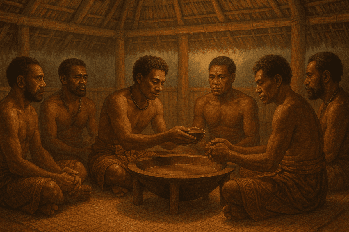 Beautiful peaceful kava ceremony with former enemies sitting together