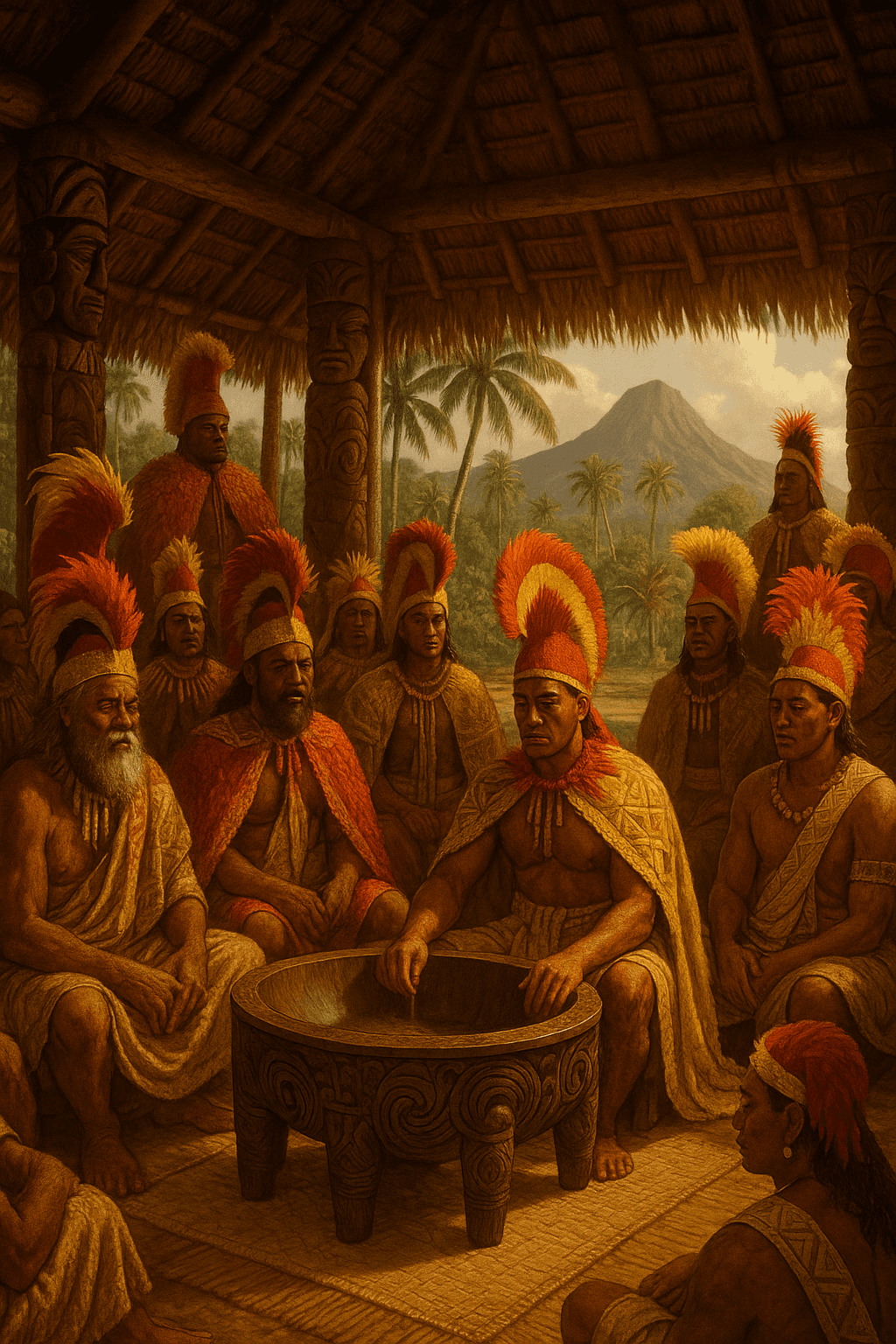 Authentic Polynesian royal court ceremony with Pacific Islander chiefs in traditional feather headdresses and tapa cloth, gathered around carved wooden kava bowl in traditional thatched hale