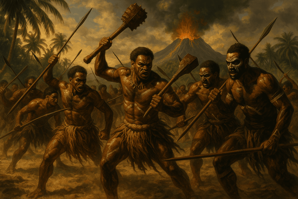 Ancient Fiji tribal warfare scene with traditional warriors
