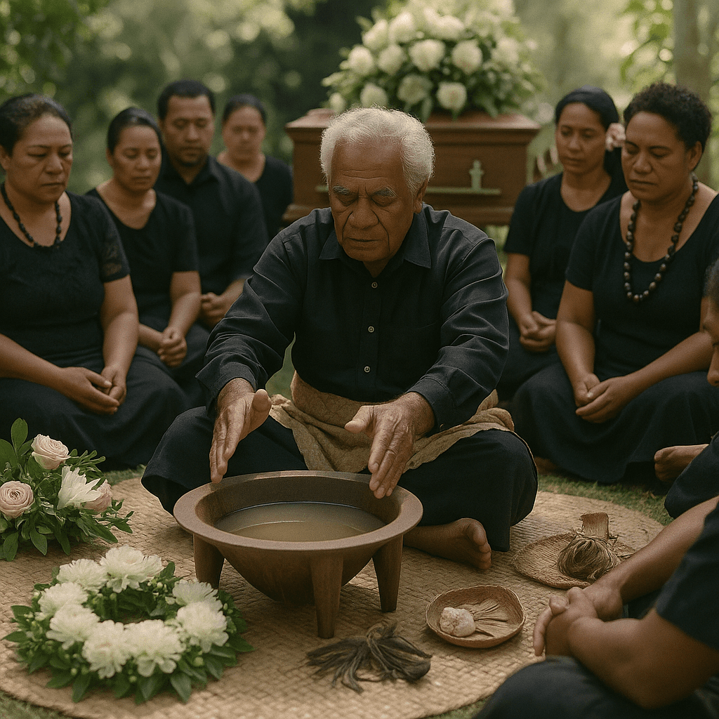 Respectful funeral ceremony with community gathered around kava