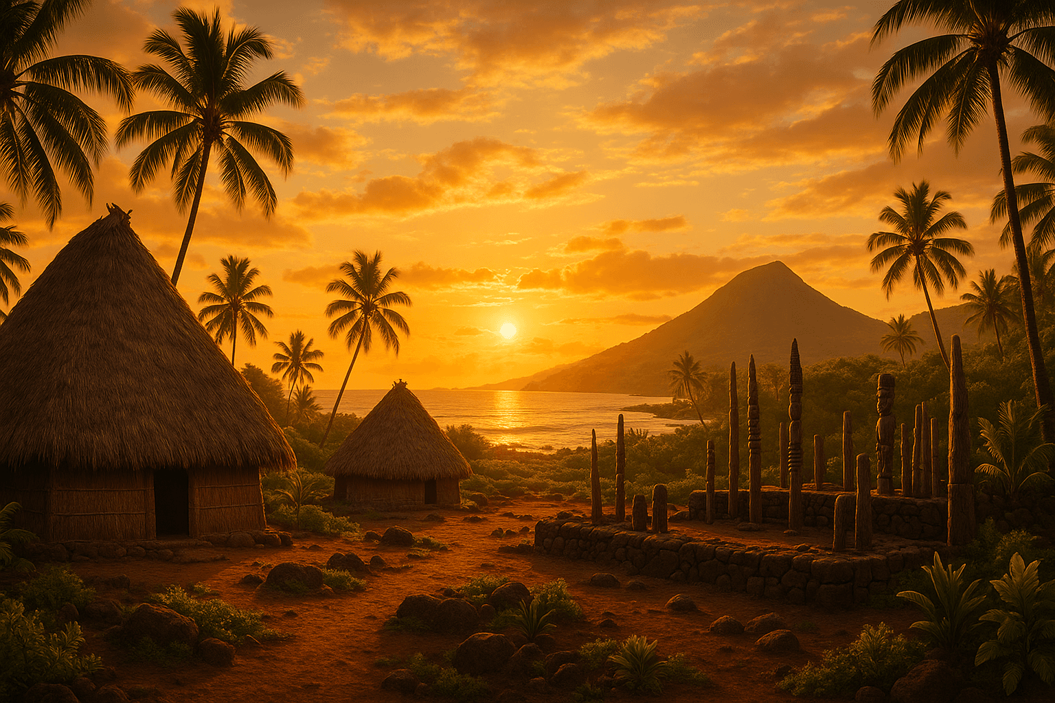 Ancient Pacific island ceremonial scene at golden hour