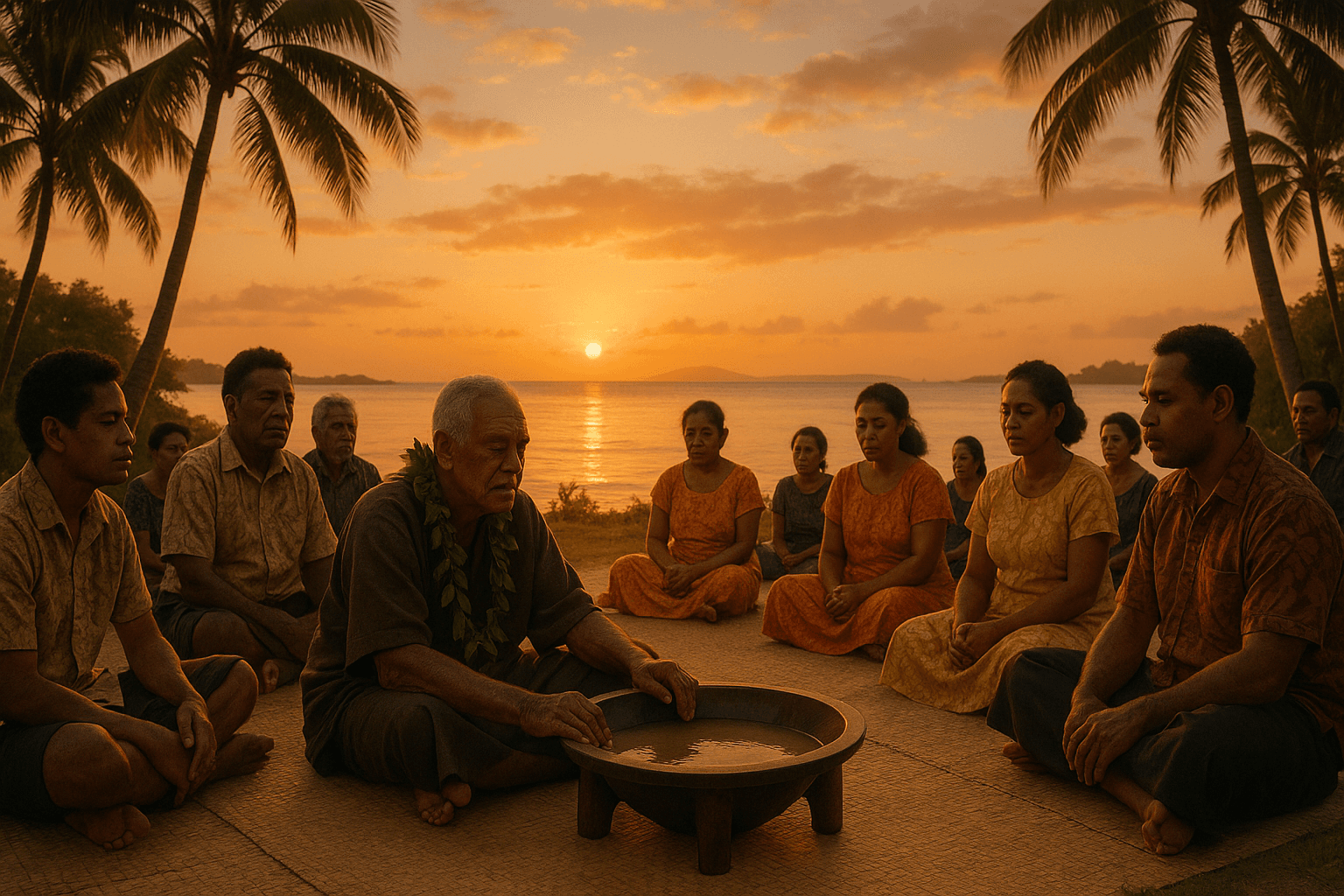 Peaceful Pacific island sunset ceremony with traditional kava circle