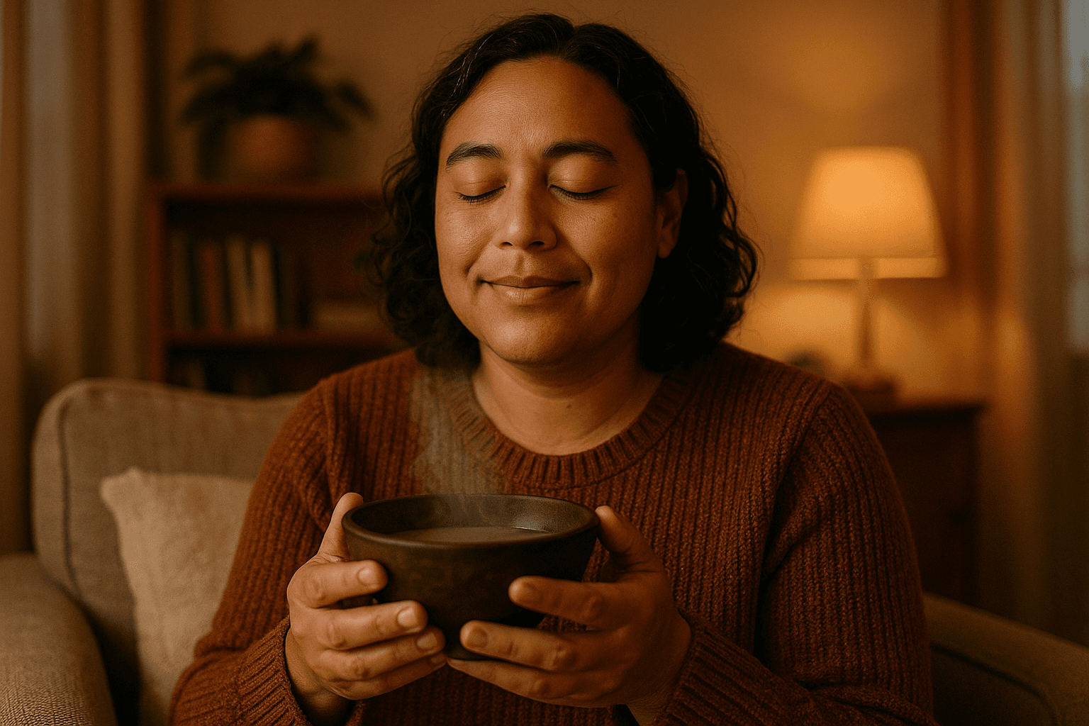Person enjoying kava in a relaxed setting