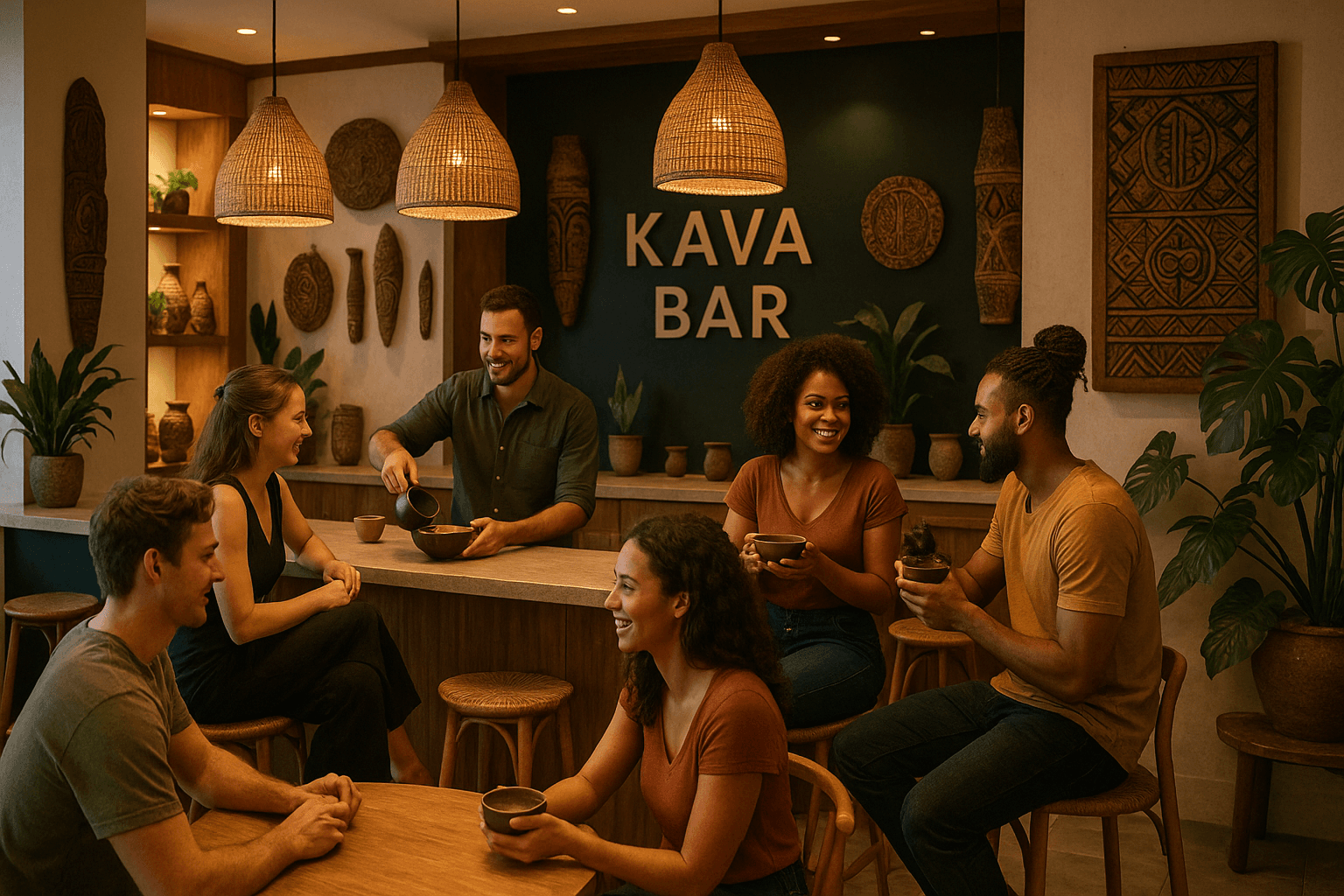 Modern kava bar interior with people socializing, contemporary design mixed with traditional Pacific island elements