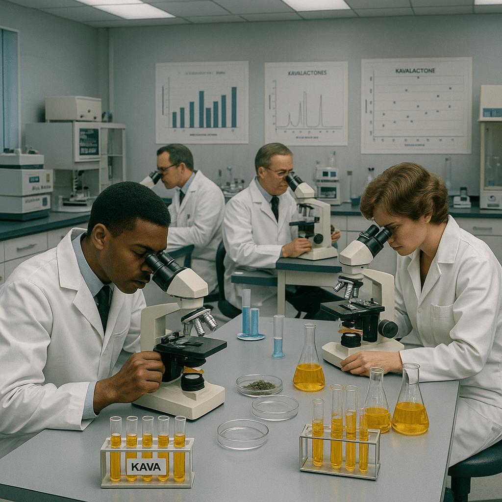 1980s scientific laboratory analyzing kava samples