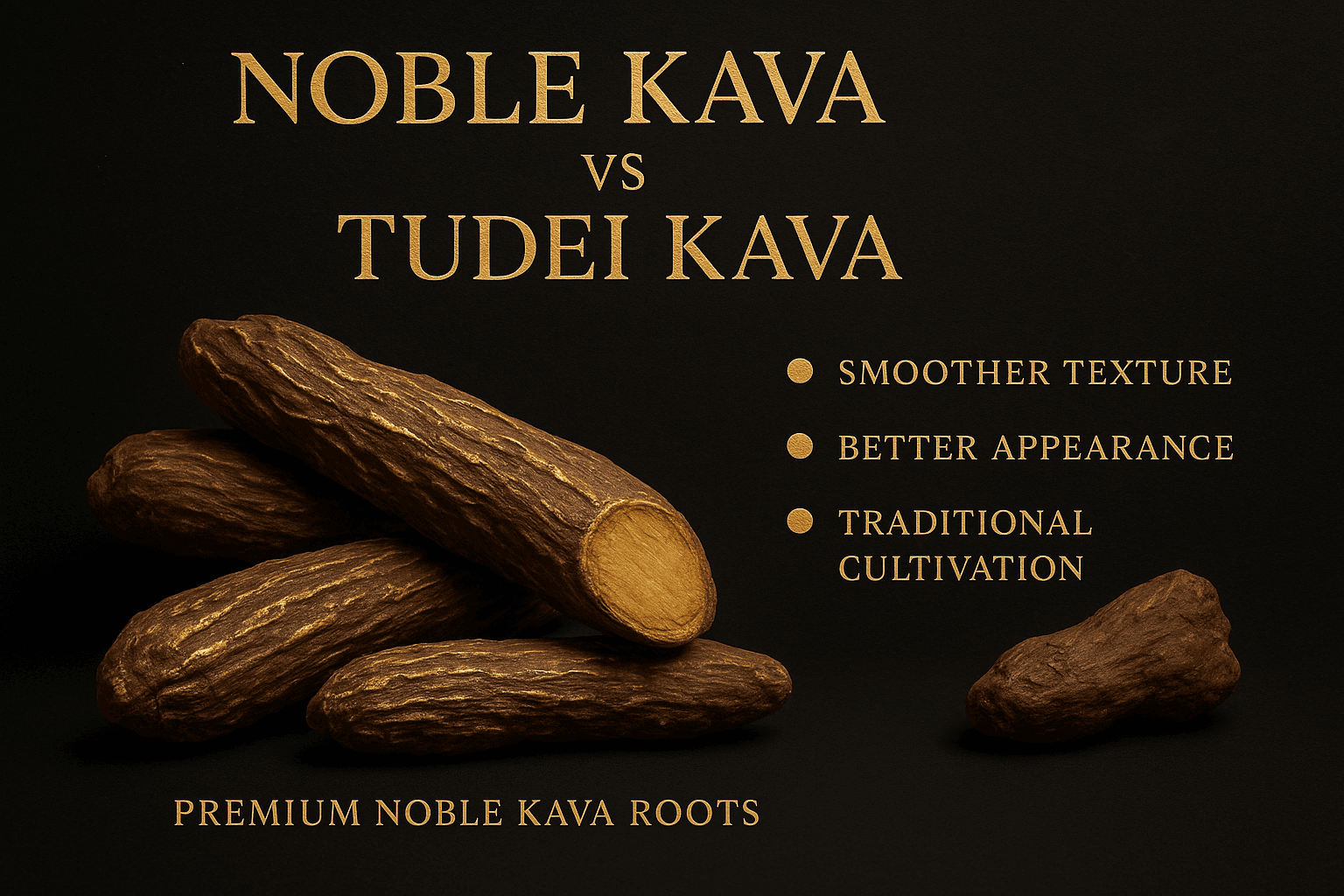 Premium noble kava varieties showcased with golden highlights