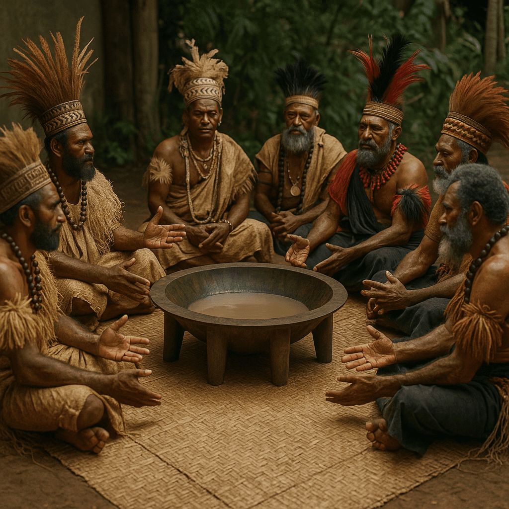 Peace-making ceremony with tribal chiefs around kava bowl