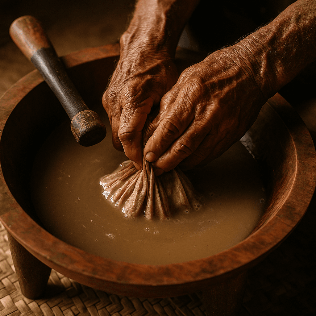 Elder preparing kava in traditional bowl with hands working