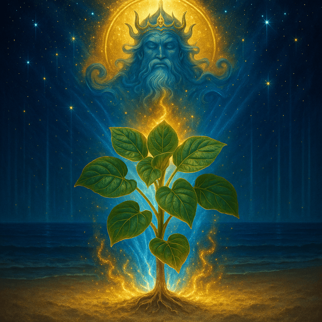 Sacred kava plant blessed by sea god with royal golden aura