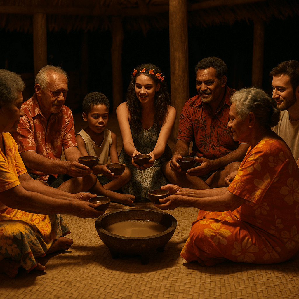 Group sitting in traditional ceremony circle with warm community atmosphere