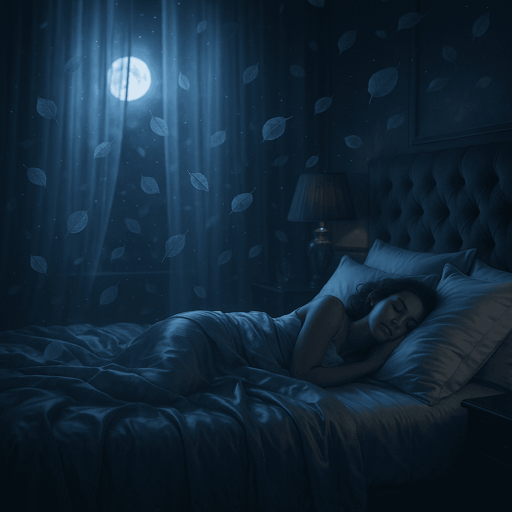 Luxury bedroom with magical kava leaf particles creating dream atmosphere