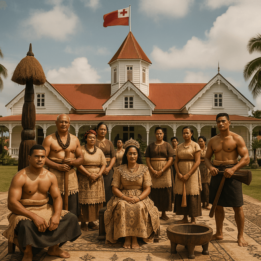 Traditional Tonga royal ceremony setting with ocean backdrop