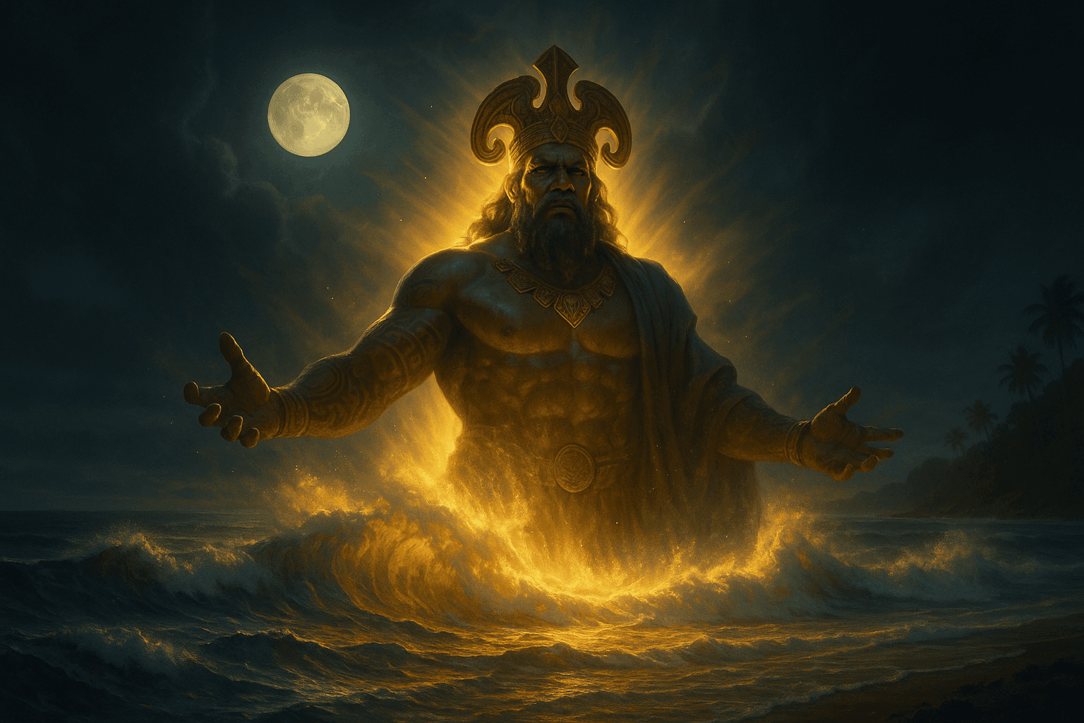 Majestic sea god Tangaloa rising from ocean waves