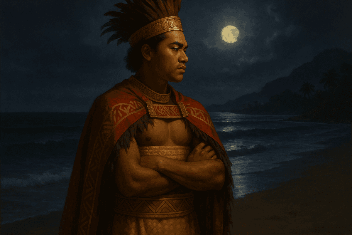 Young Polynesian king contemplating on moonlit beach