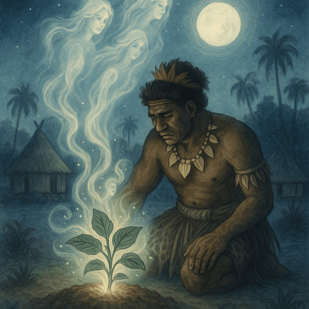 Vanuatu landscape with traditional village and sacred kava plant