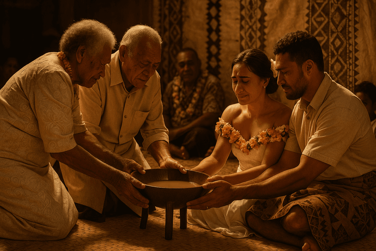 Family blessing scene with elderly members sharing kava