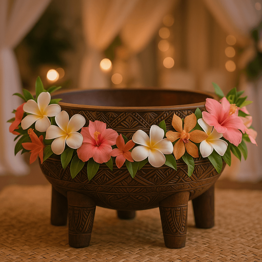 Ornate traditional kava bowl decorated for wedding ceremony